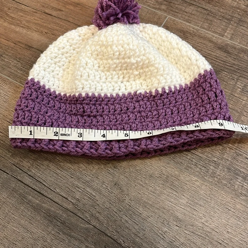 Handmade Child’s Crochet Beanie Hat‎ with Pom Pom in purple and white
